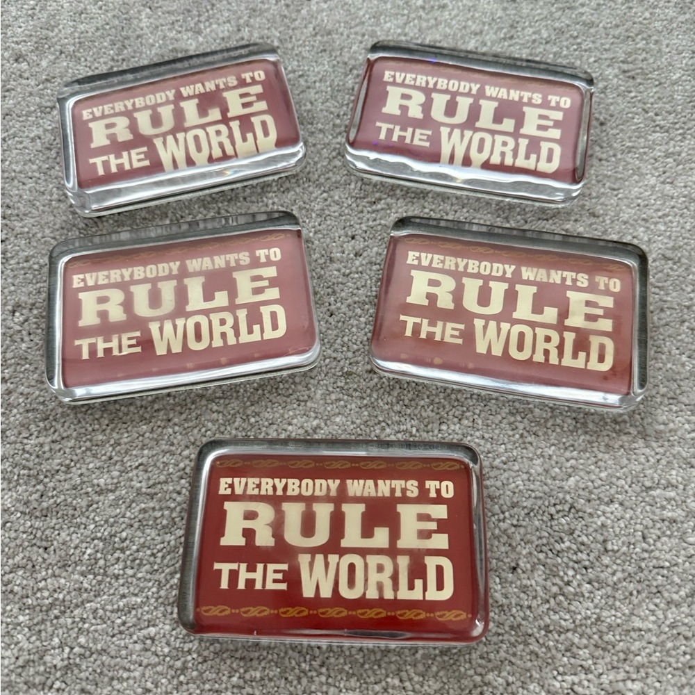 Red 'Rule the World' glass heavy weight paper weights set of 5